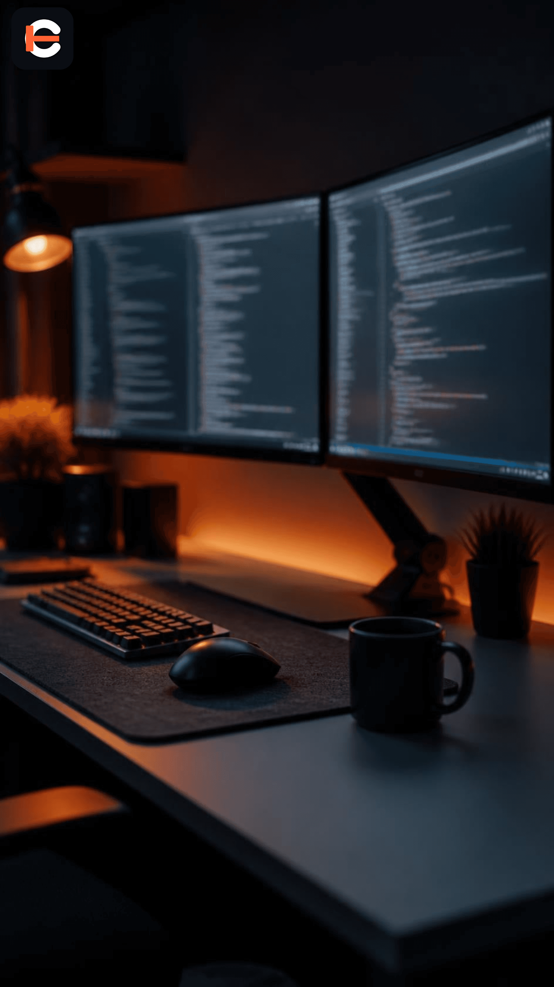 Developer workspace — desk with monitors and keyboard